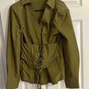 PrettyLittleThing Olive Green Corset Top Lace Up Waist Snatched Y2K